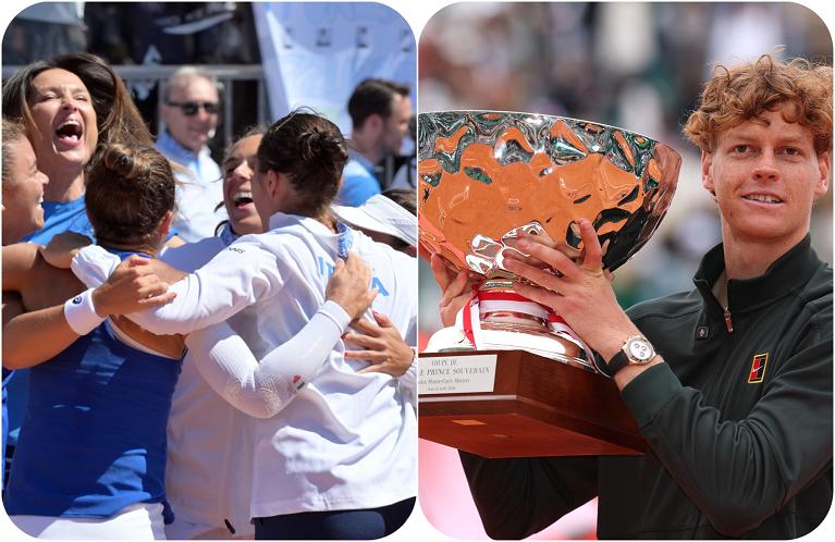 A sinistra la festa delle azzurre per la vittoria contro il Giappone in Billie Jean King Cup (Foto FITP). A destra Jannik Sinner con il trofeo vinto a Monte-Carlo (Getty Images)